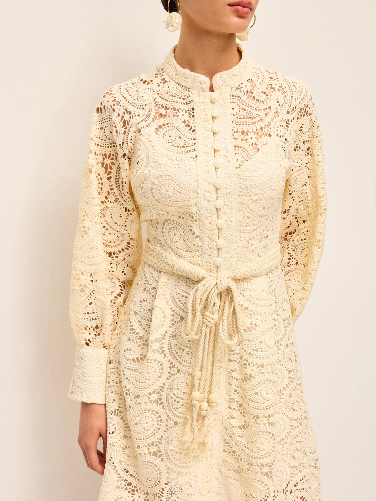 Semi-Sheer Lace Belted Dress