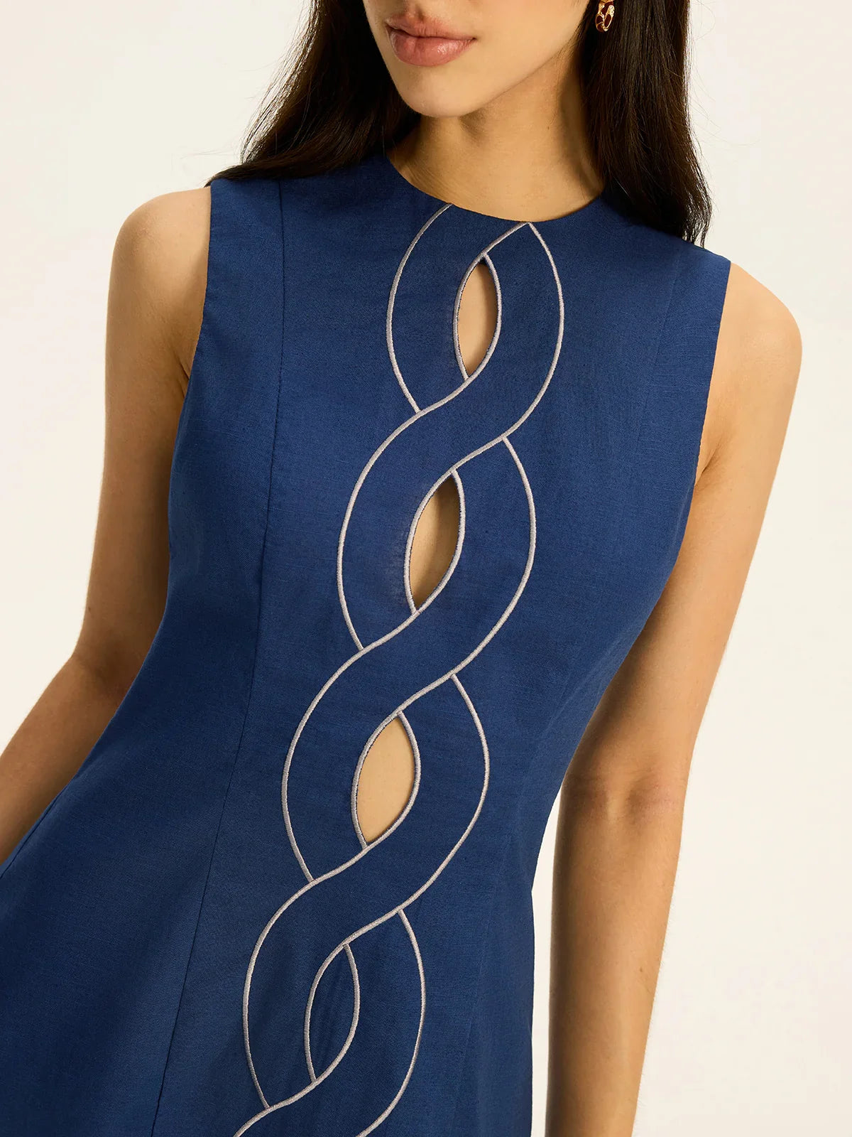 Linen & Cotton Cut-Out Contrast-Stitch Mini Dress