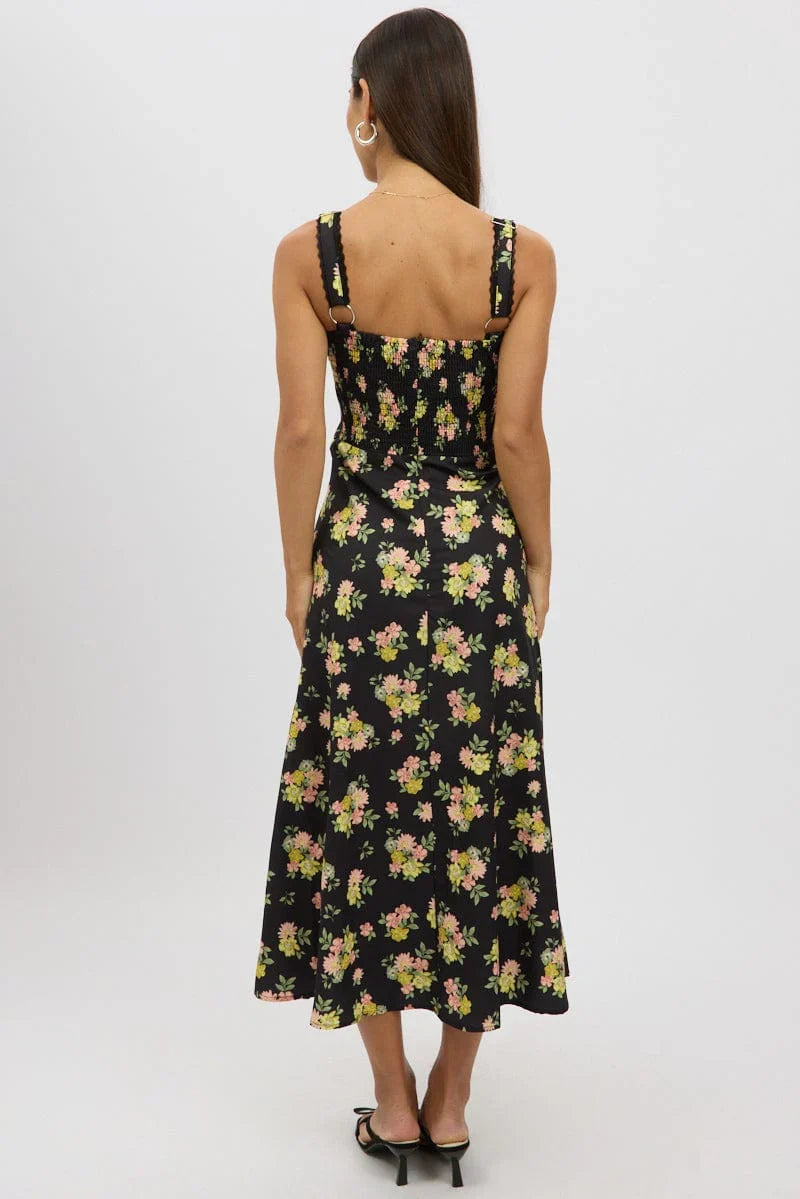 Black Floral Midi Dress Corset Detail
