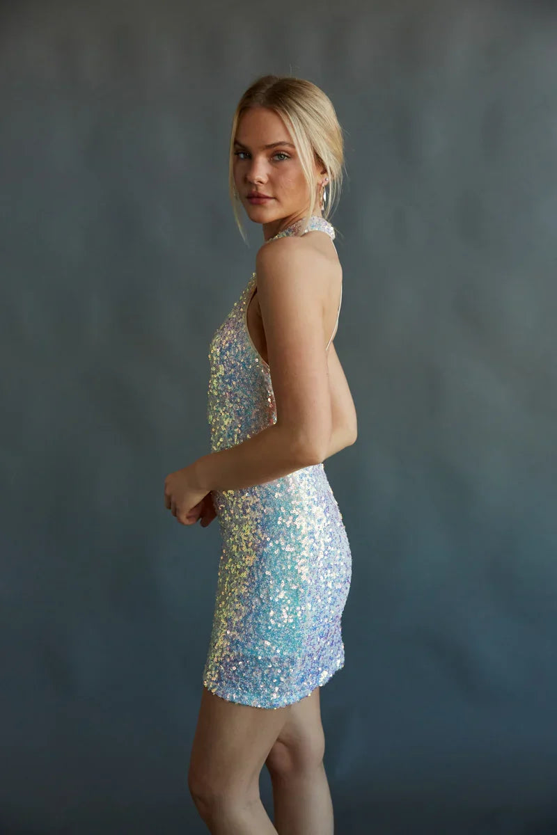 Ophelia Open Back Halter Neck Sequin Bodycon Mini Dress