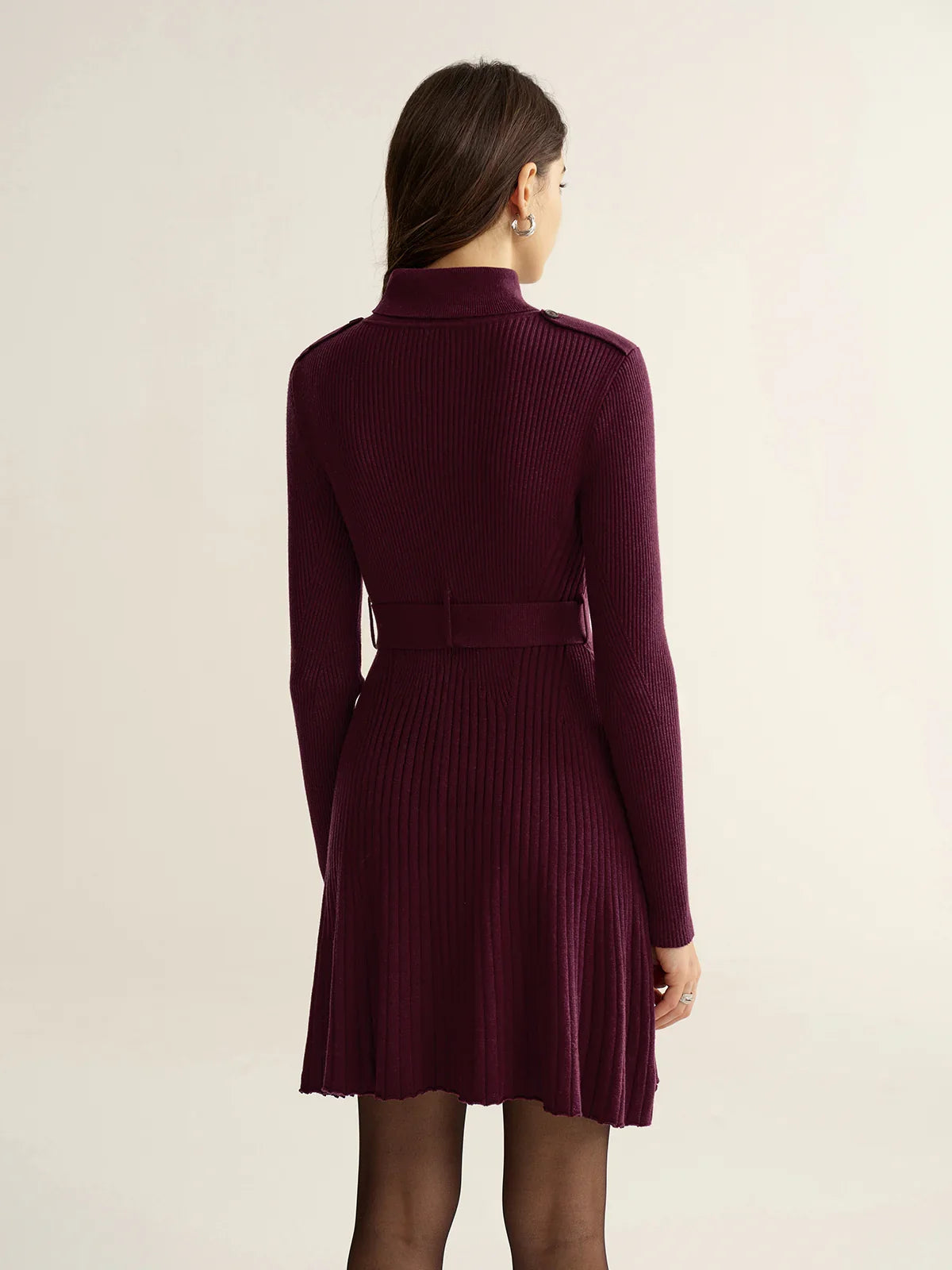 Belted Turtleneck Ribbed Knit Mini Dress