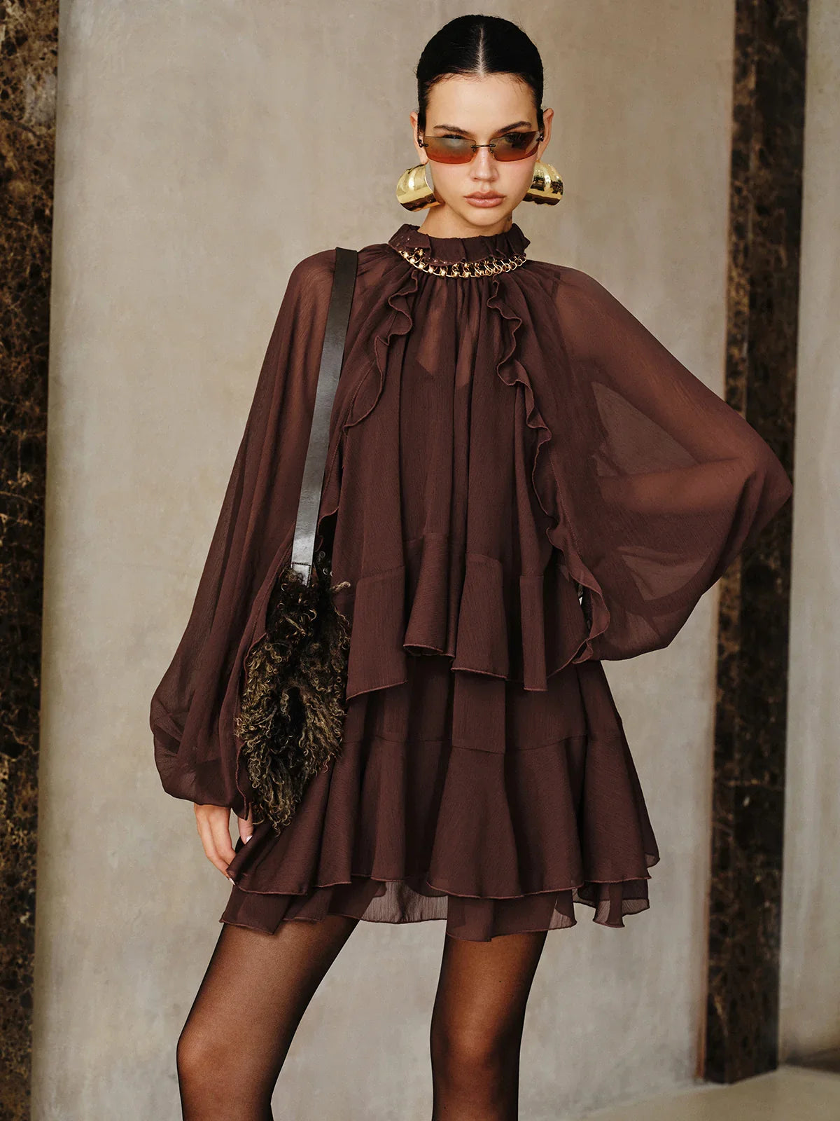 Tiered Ruffle Chiffon Mini Dress Set with Liner