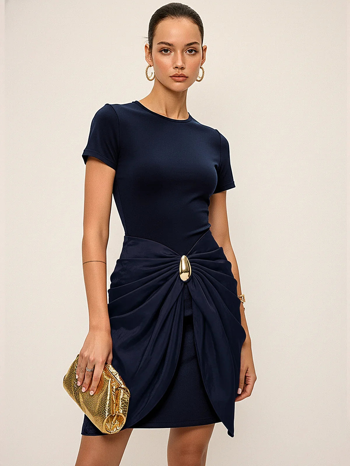 Short Sleeve Ruched Metal Buckle Dress