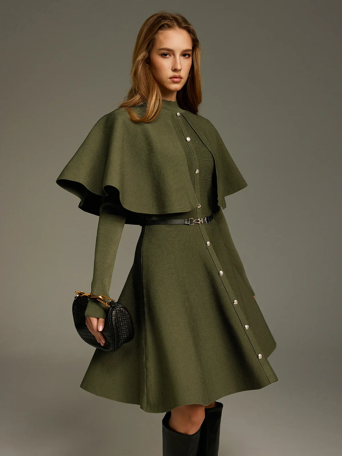 Capelet-Style Button-Front Belted Midi Dress