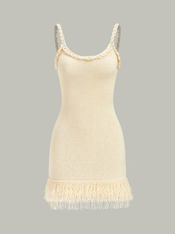 Braided Rope Strap Fringe Hem Sweater Dress