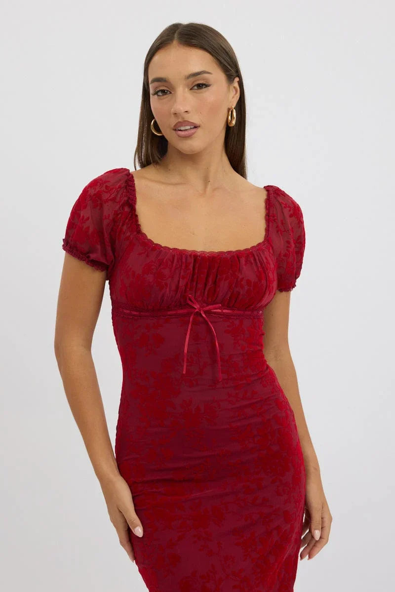 Red Maxi Dress Puff Sleeve Burn Out