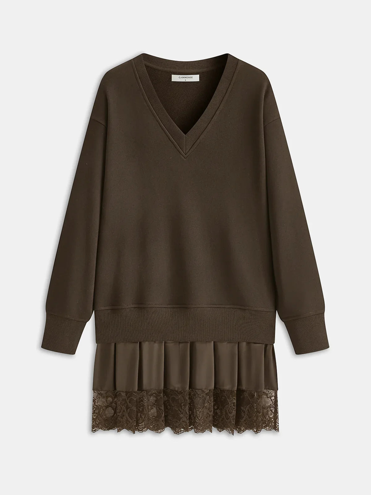Pleated Hem Lace-Trimmed Sweatshirt Dress