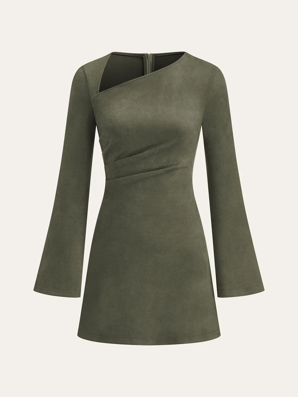 Asymmetrical Ruched Long Sleeve Suede Effect Mini Dress