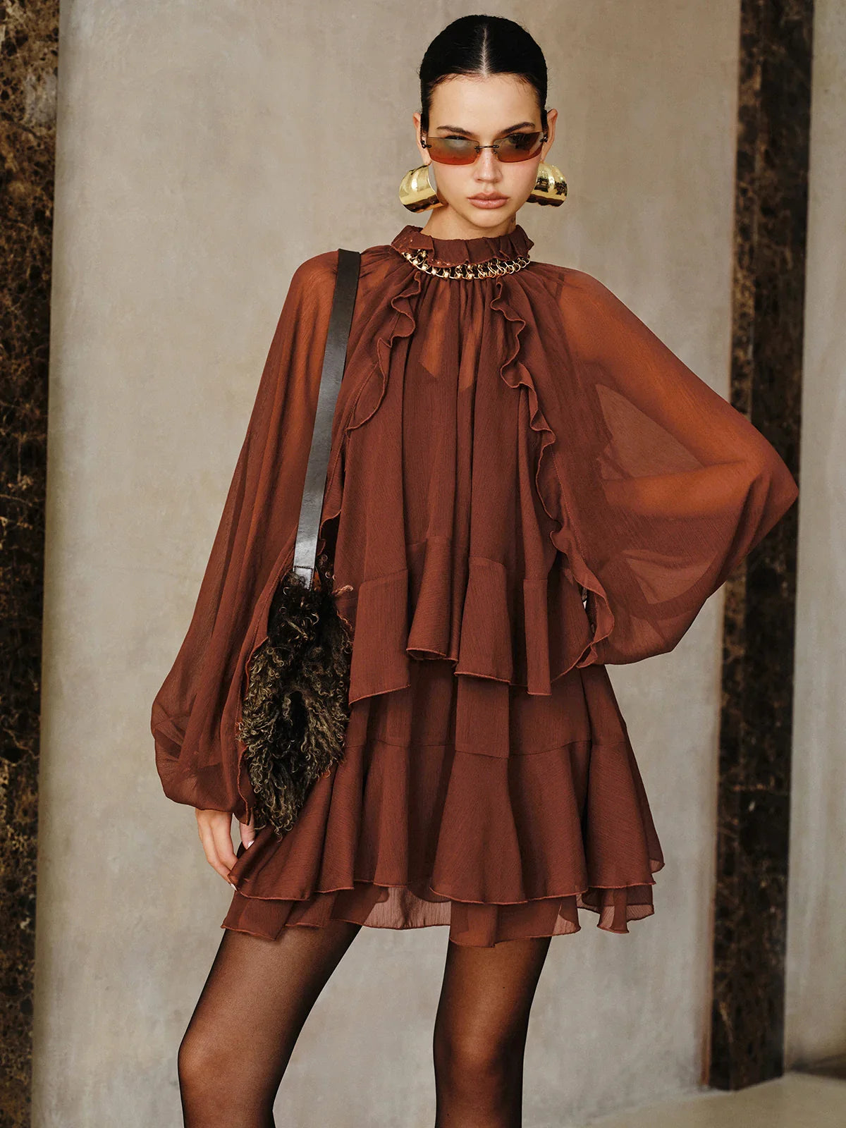 Tiered Ruffle Chiffon Mini Dress Set with Liner