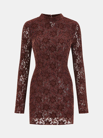 Lace-Jacquard Long-Sleeve Mini Dress