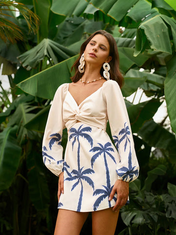 Long Sleeve Twist Front Print Dress