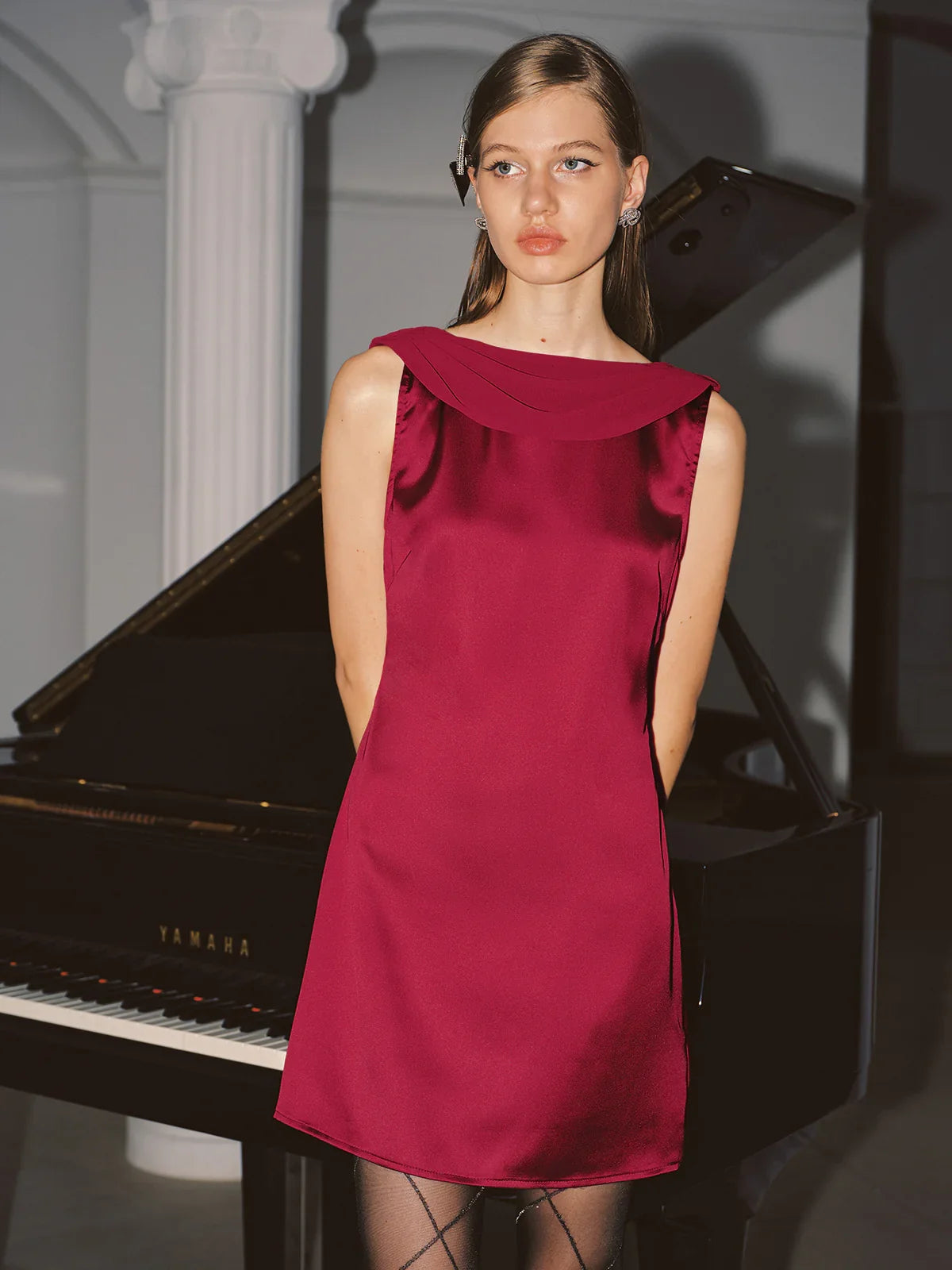 Cowl Neck Backless Satin Mini Dress