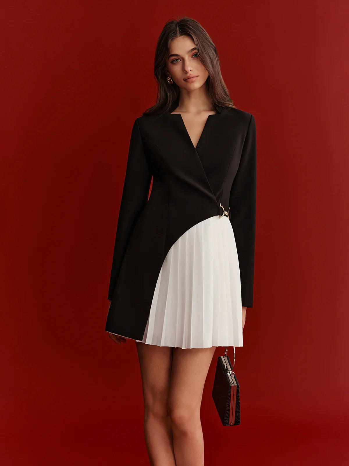 Metal Detail Asymmetric Pleated Panel Mini Dress