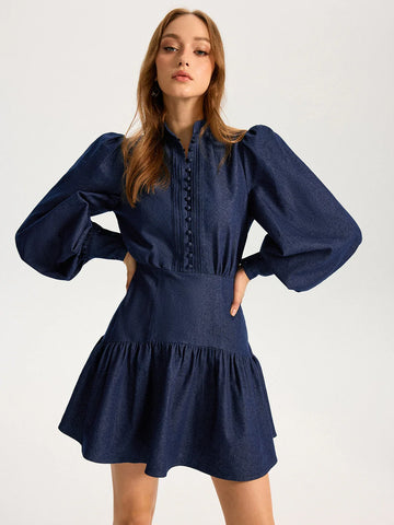 Denim Stand Collar Puff Sleeve Mini Dress