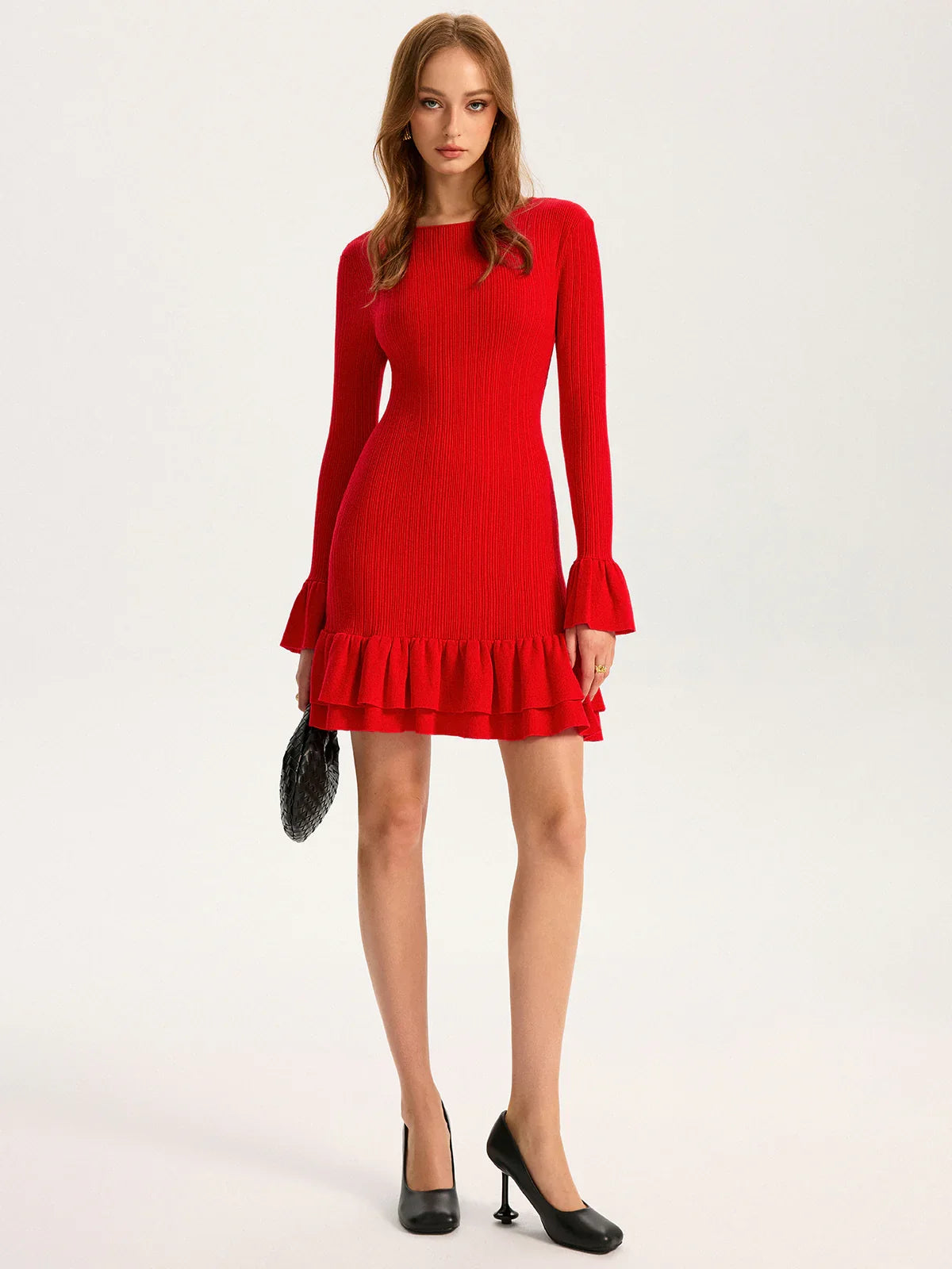 Wool Blend Knit Ruffled Flared Sleeve Mini Dress