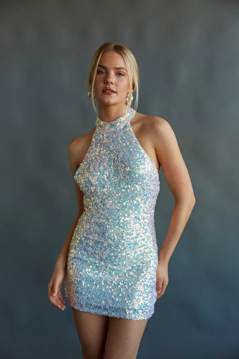 Ophelia Open Back Halter Neck Sequin Bodycon Mini Dress