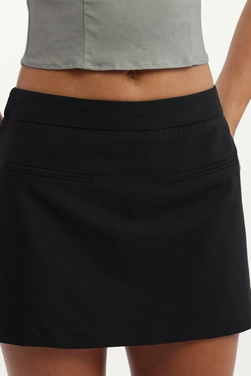 Black Mini Skort High Rise Pocket Detail Tailored
