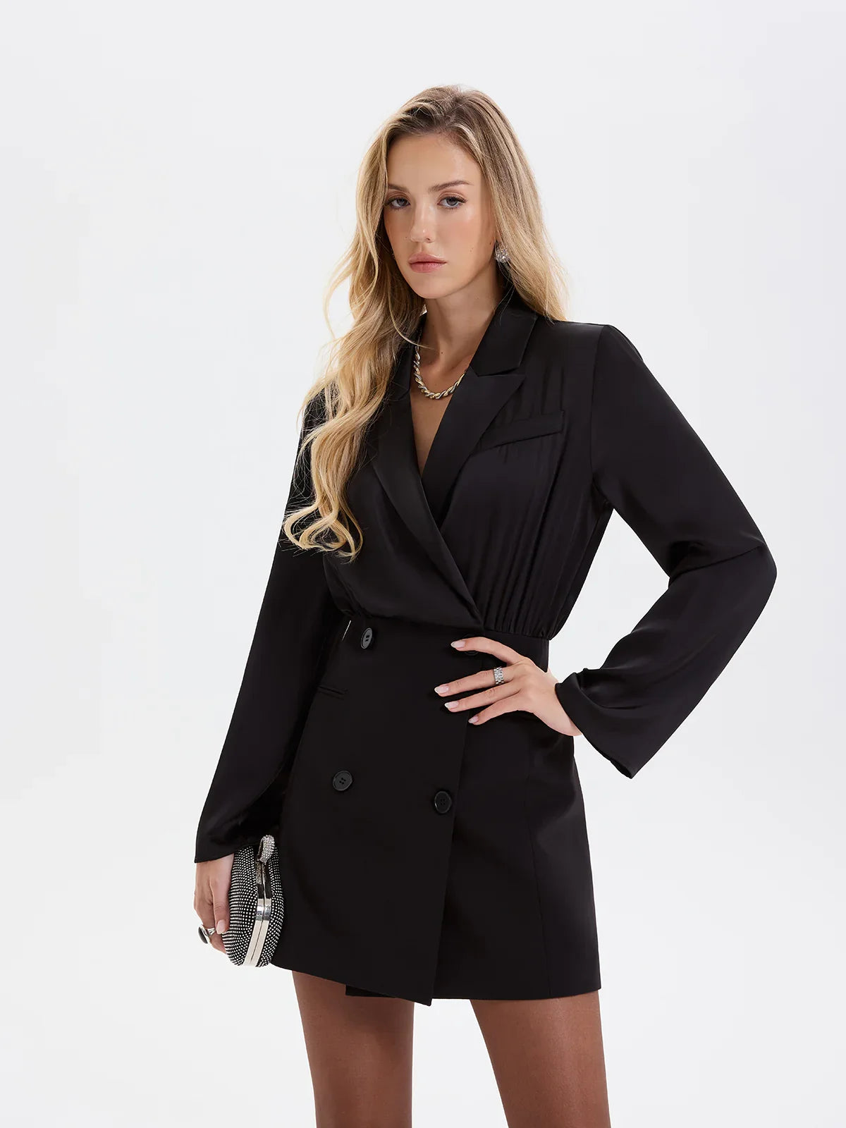 Satin-Paneled Double-Breasted Blazer Dress