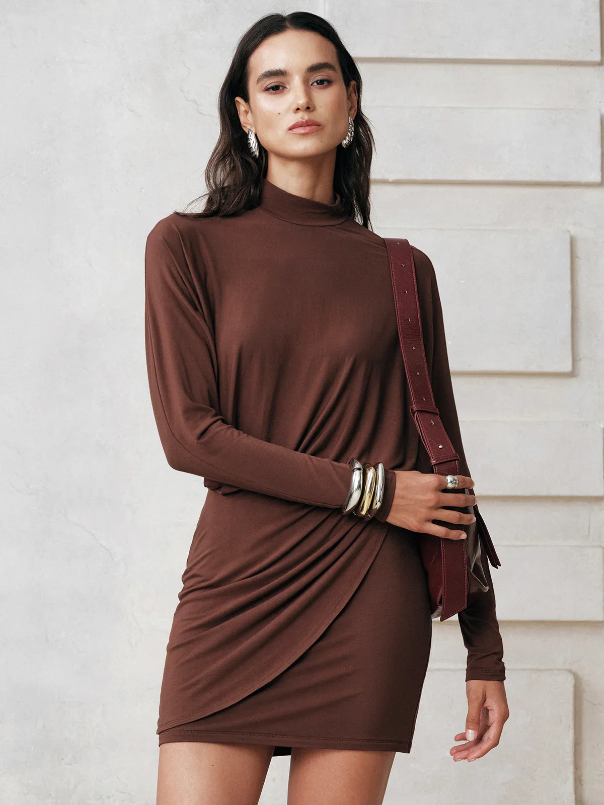 High-Neck Draped Batwing Sleeve Mini Dress