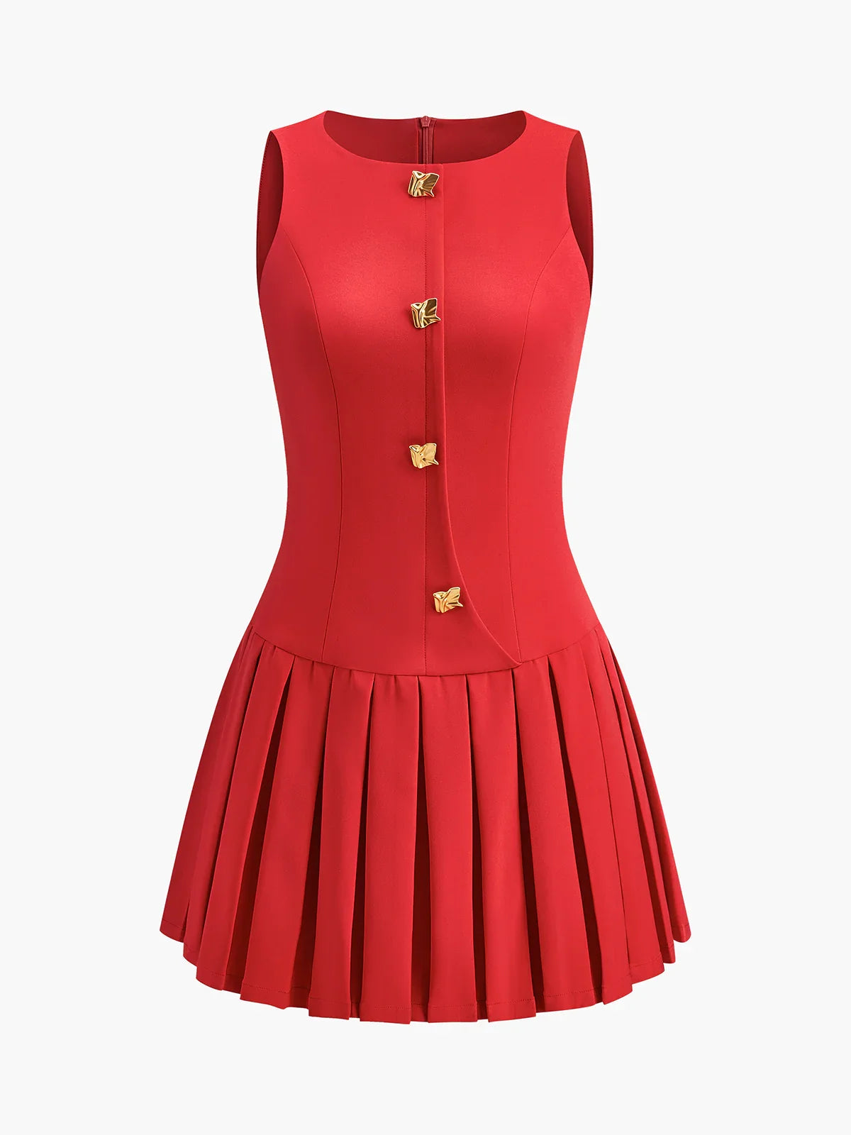 Metal-Button Pleated Tank Dress