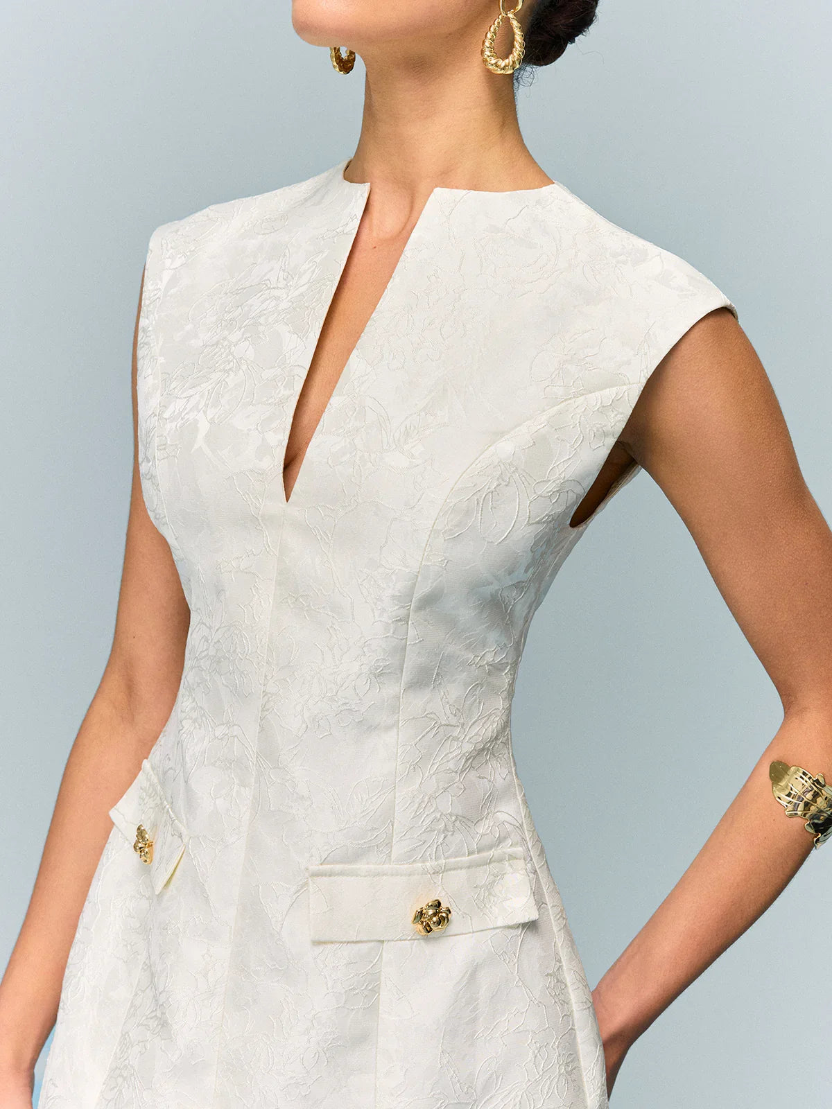 Pocketed Textured Mini Dress with Metal Button