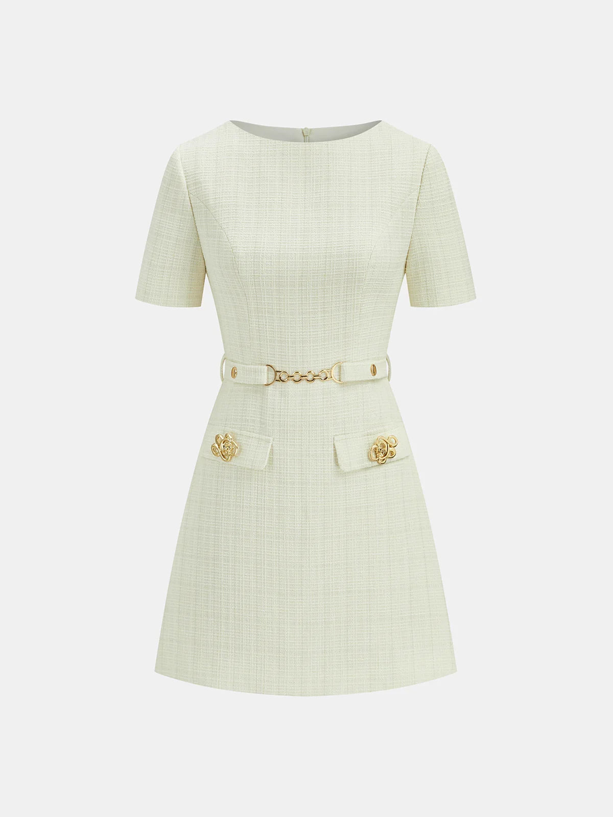 Metal Detail Tweed Belted Mini Dress