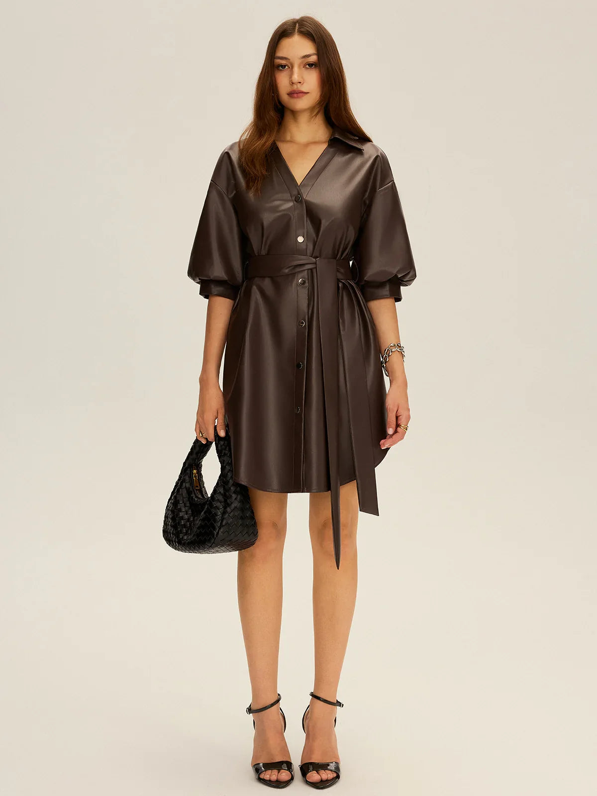 Faux Leather V-Neck Belted Mini Dress