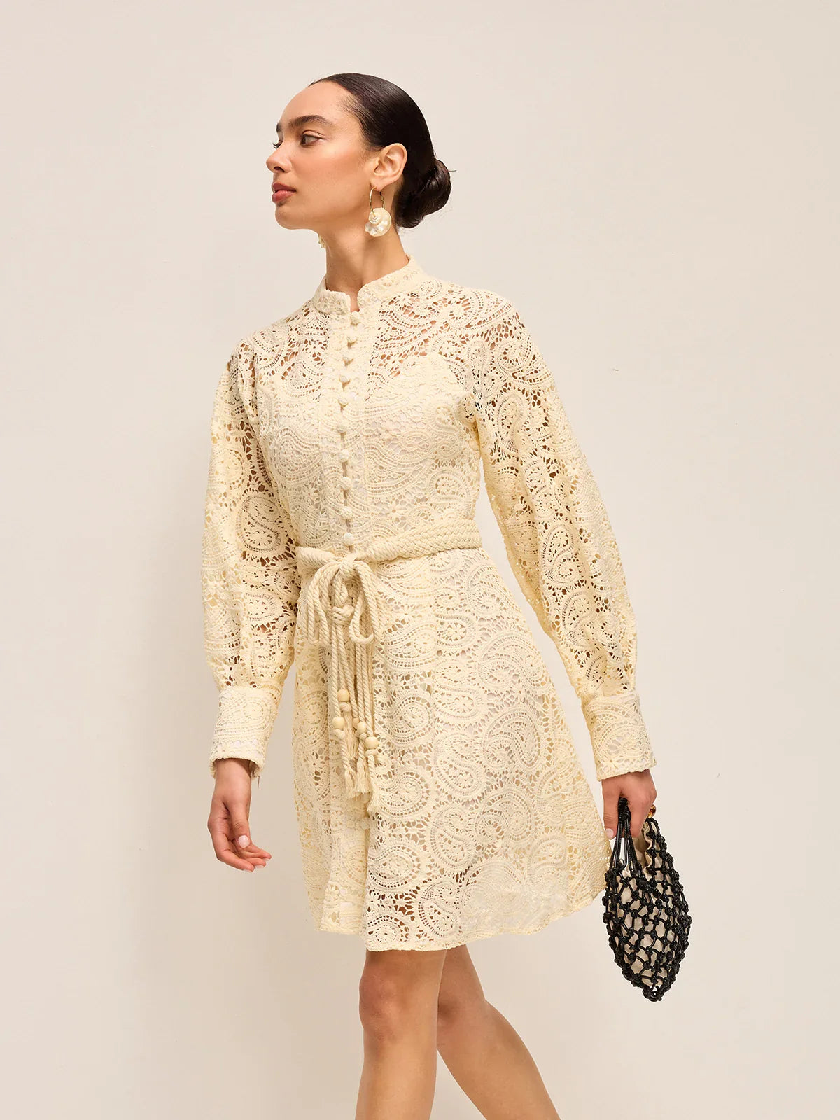 Semi-Sheer Lace Belted Dress