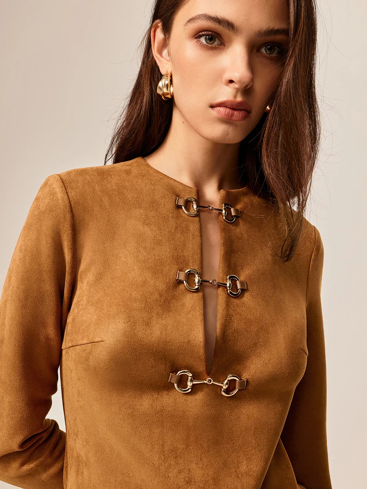 Suede Effect Metal-Detail Short Dress