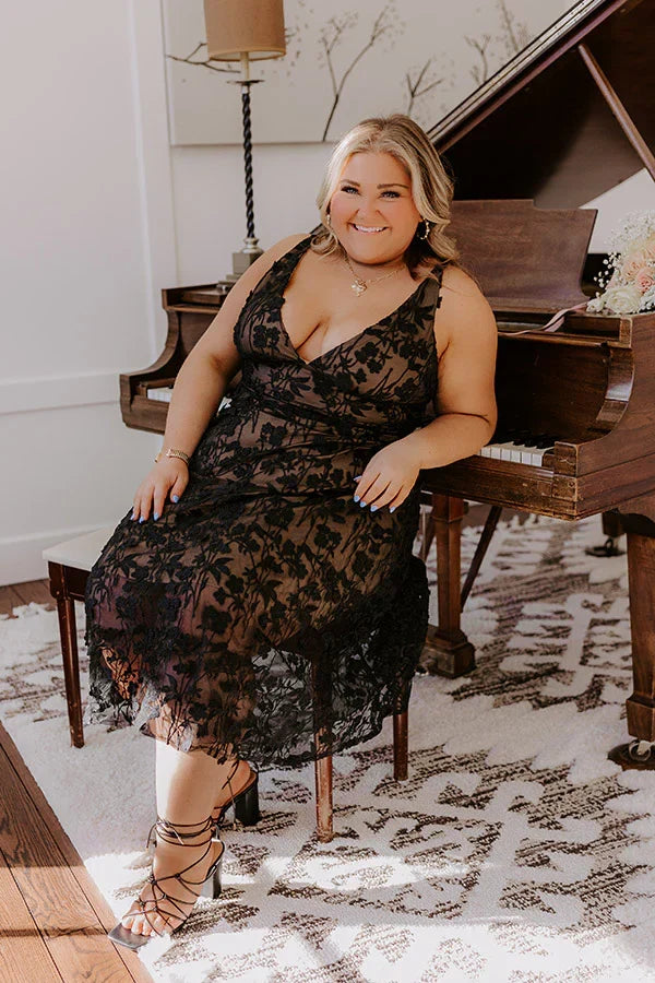 Romantic Moment Embroidered Midi Dress in Black Curves