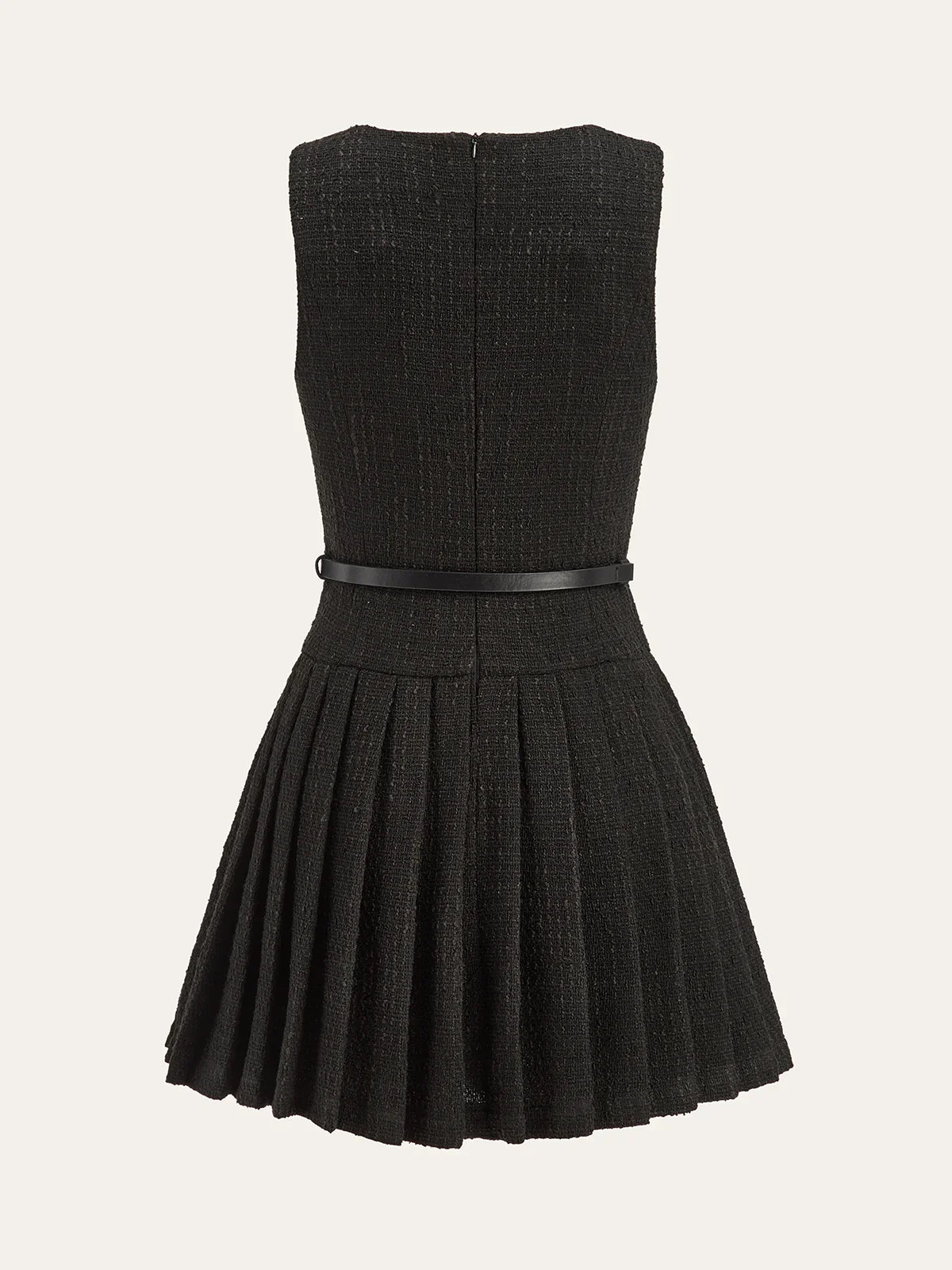 Tweed Sleeveless Pleated Mini Dress with Belt