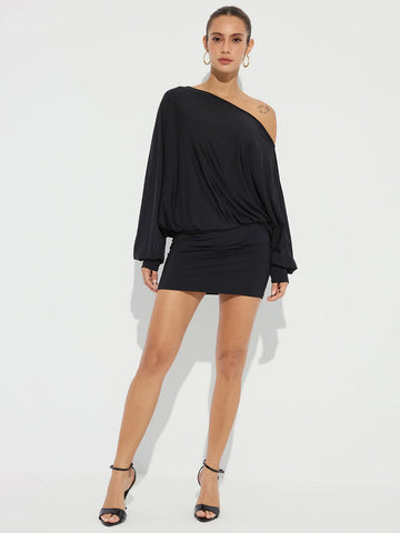 One-Shoulder Ruched Long Sleeve Mini Dress