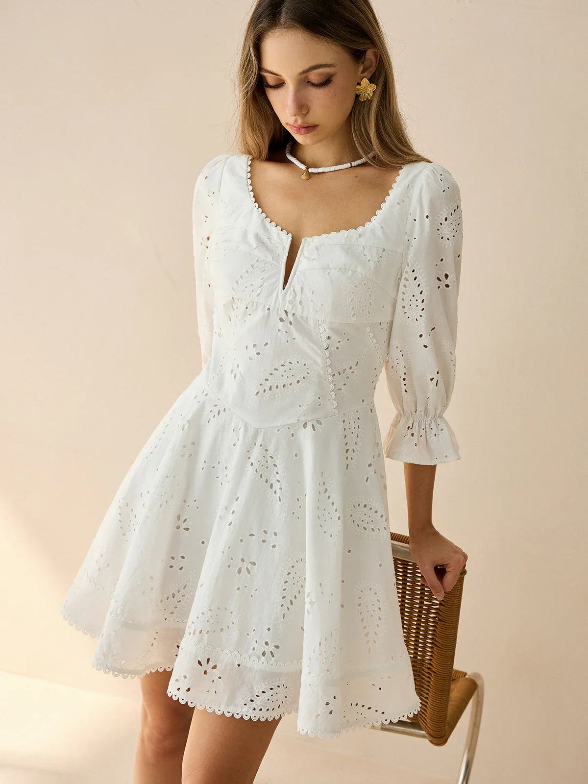 Cotton Scalloped Edge Eyelet Mini Dress