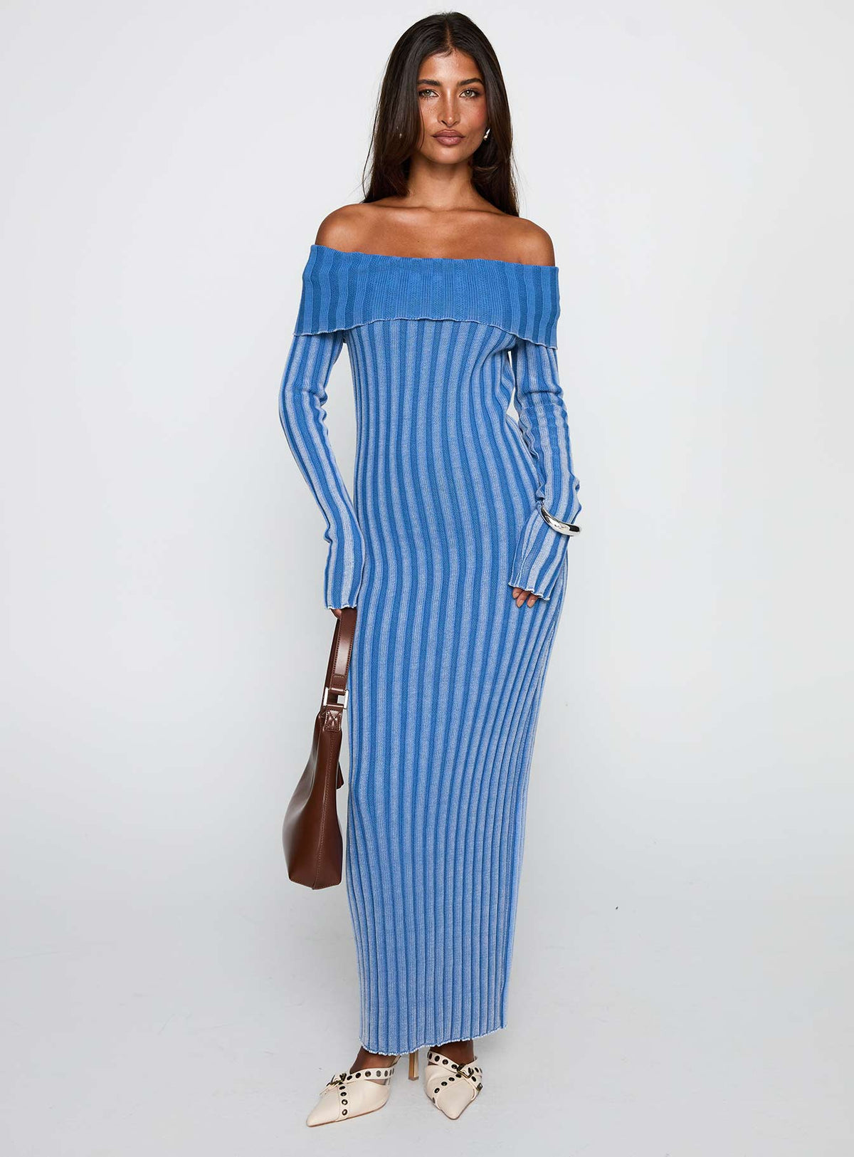 Mariska Long Sleeve Rib Maxi Dress Blue