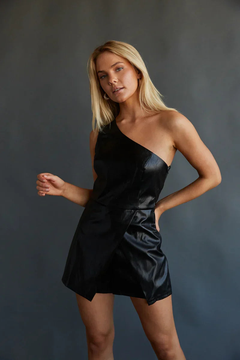 Becca Faux Leather One Shoulder Romper