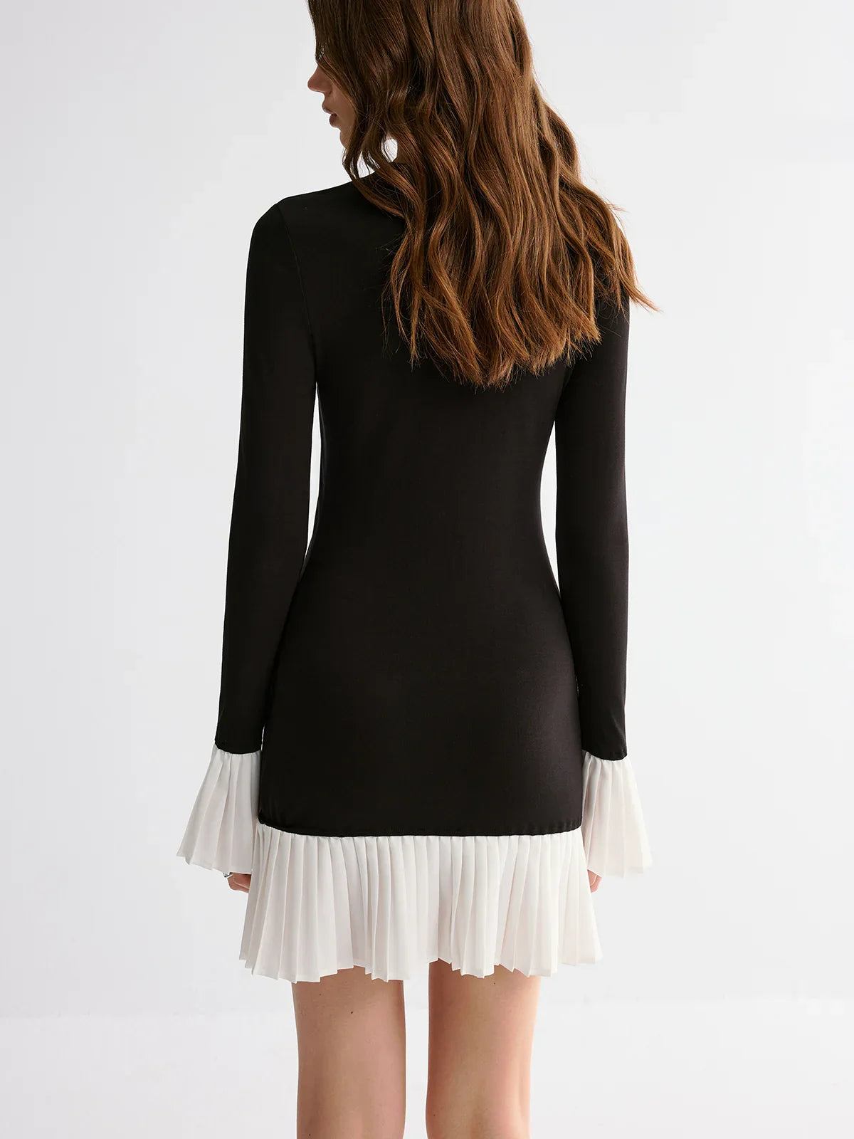 Pleated Contrast Flared Sleeve Dress
