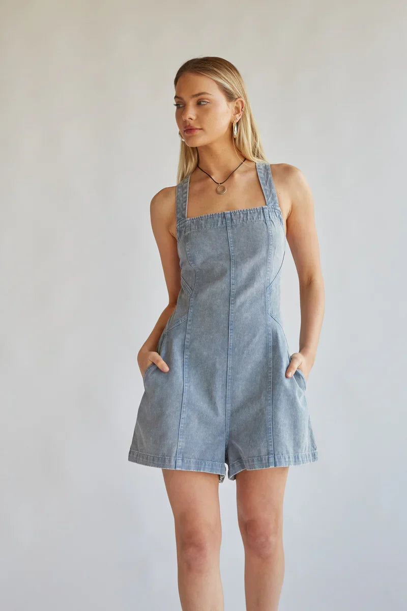 Corey Light Wash Denim Open Back Romper