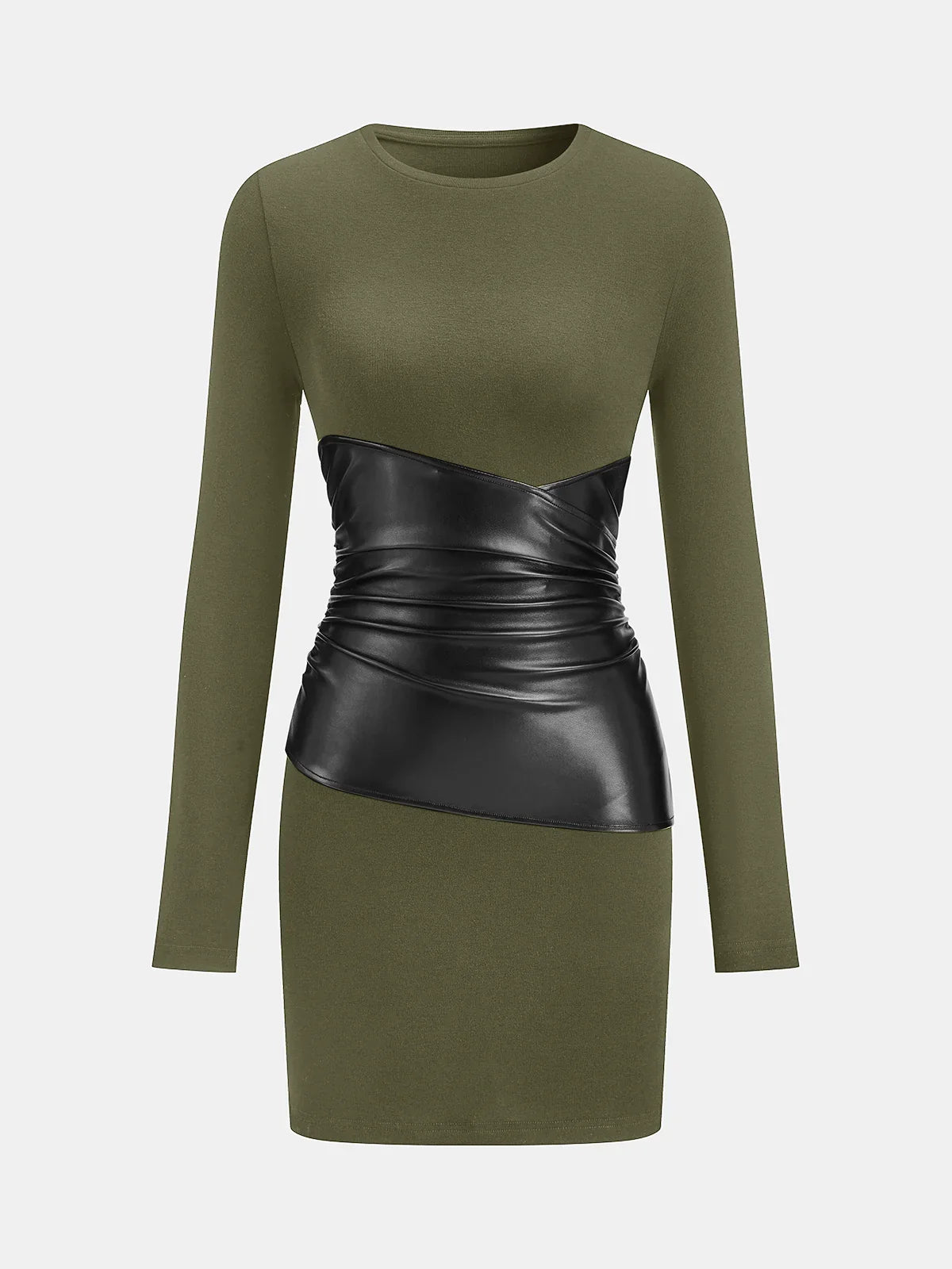 PU Leather Panel Long Sleeve Knit Dress