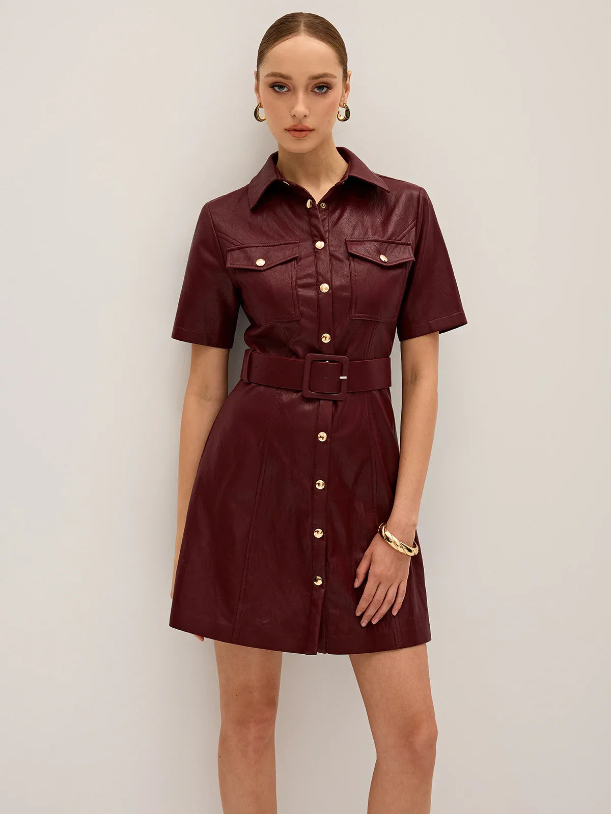 Shirt Collar Belted PU Leather Mini Dress