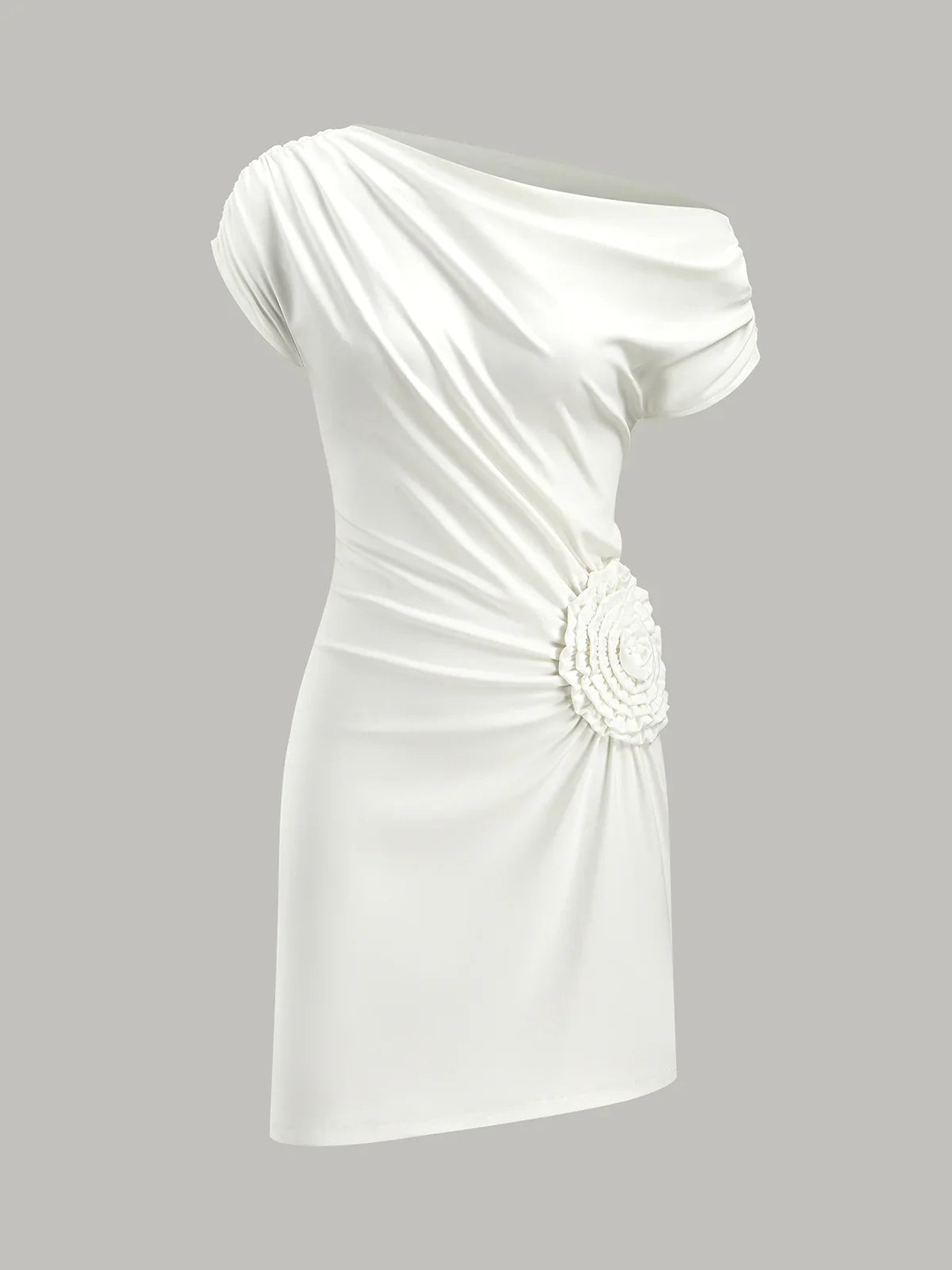 One-Shoulder Ruched Dress With Rosette Detail