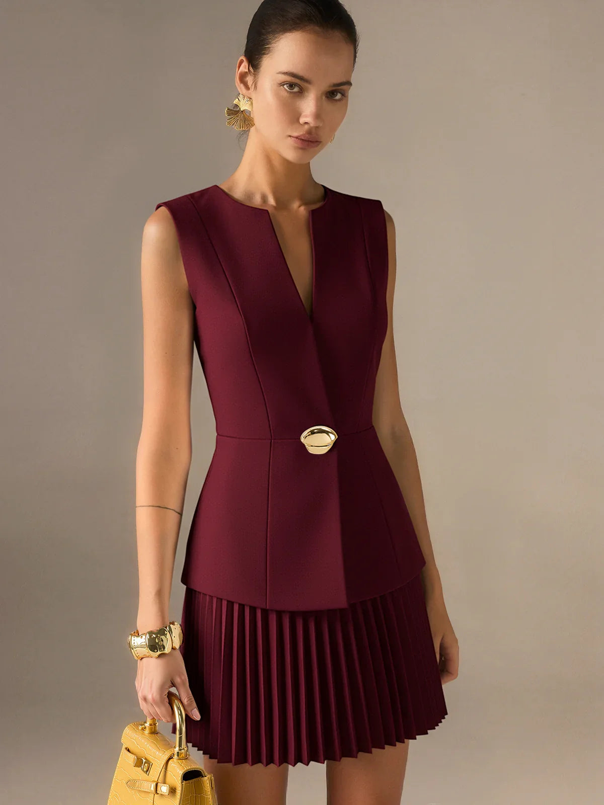 Sleeveless Metal Detail Pleated Mini Dress