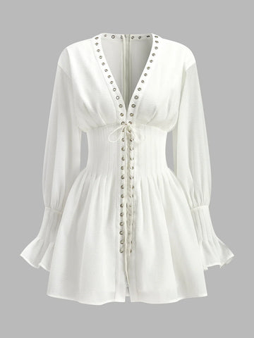 Lace-Up Front Semi-Sheer Dress