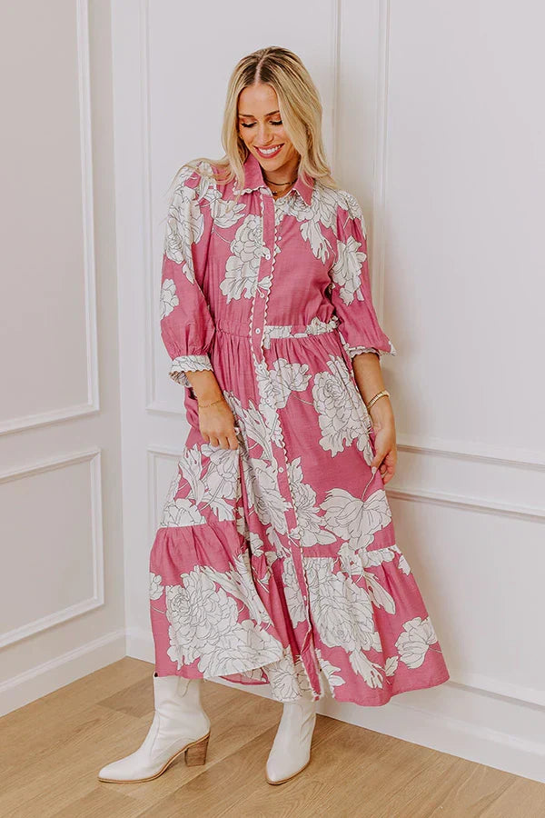 Bistro Bound Floral Midi Dress in Blush