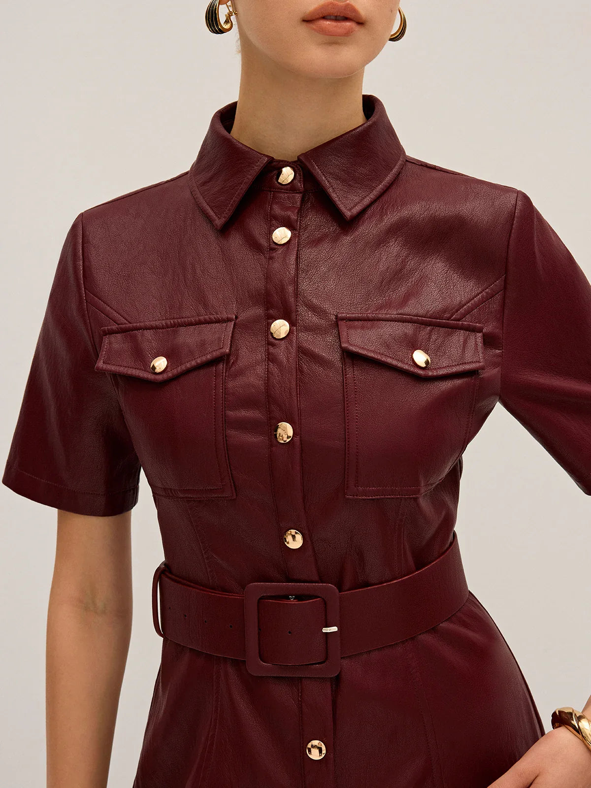 Shirt Collar Belted PU Leather Mini Dress