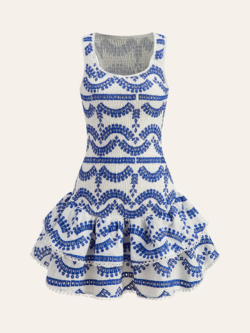 Embroidered Ruffled Sleeveless Dress