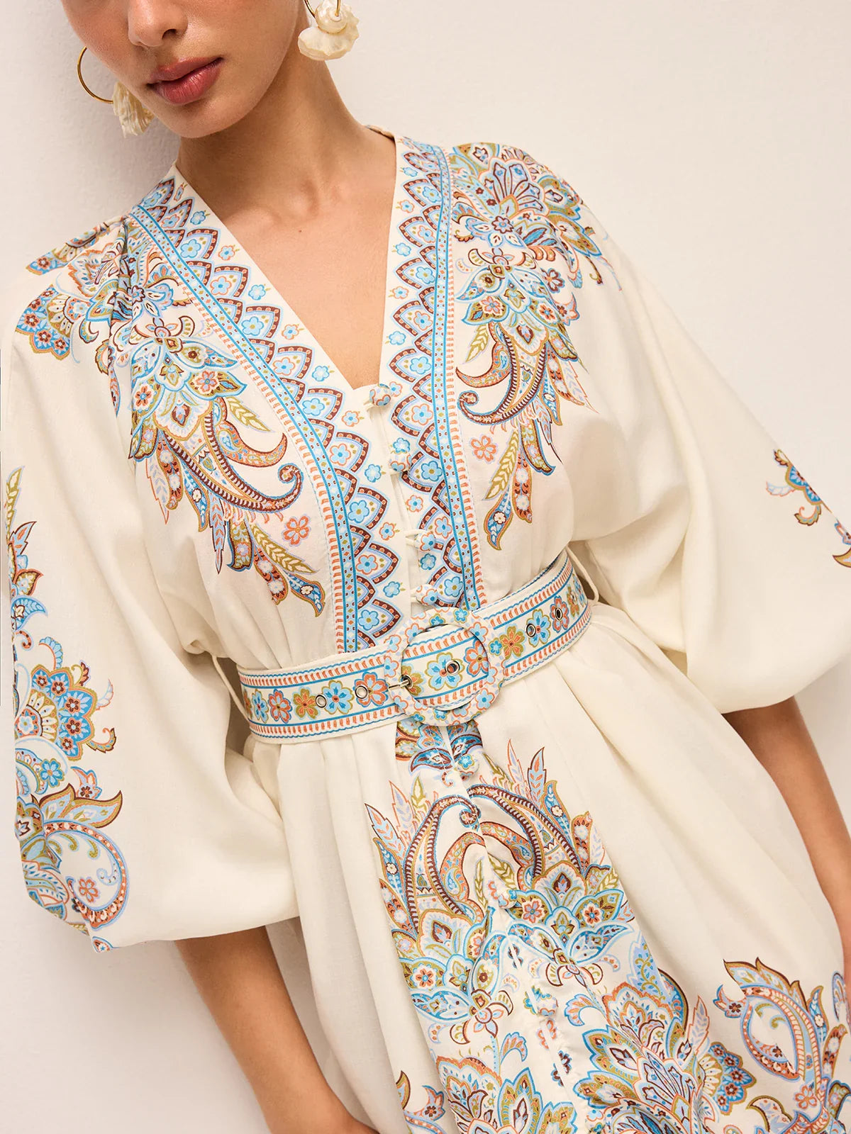 Boho Belted V-Neck Dress With Balloon Sleeves