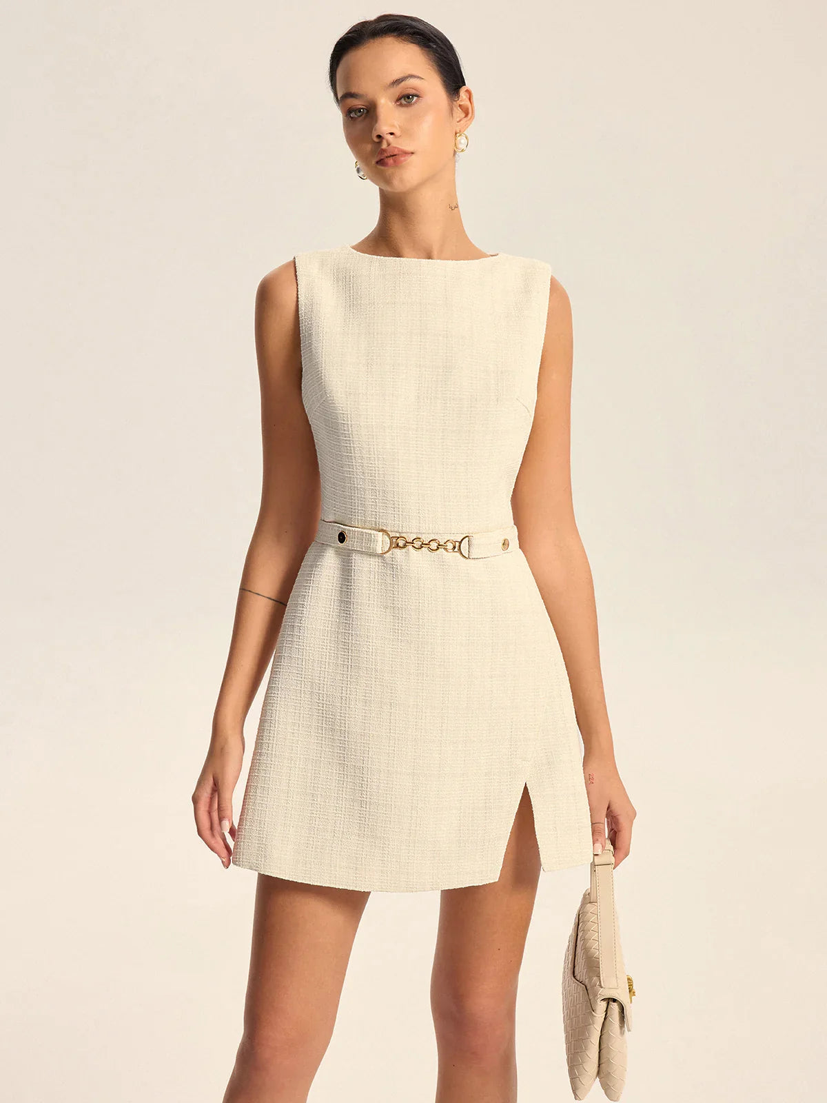 Tweed Slit Mini Dress with Detachable Belt