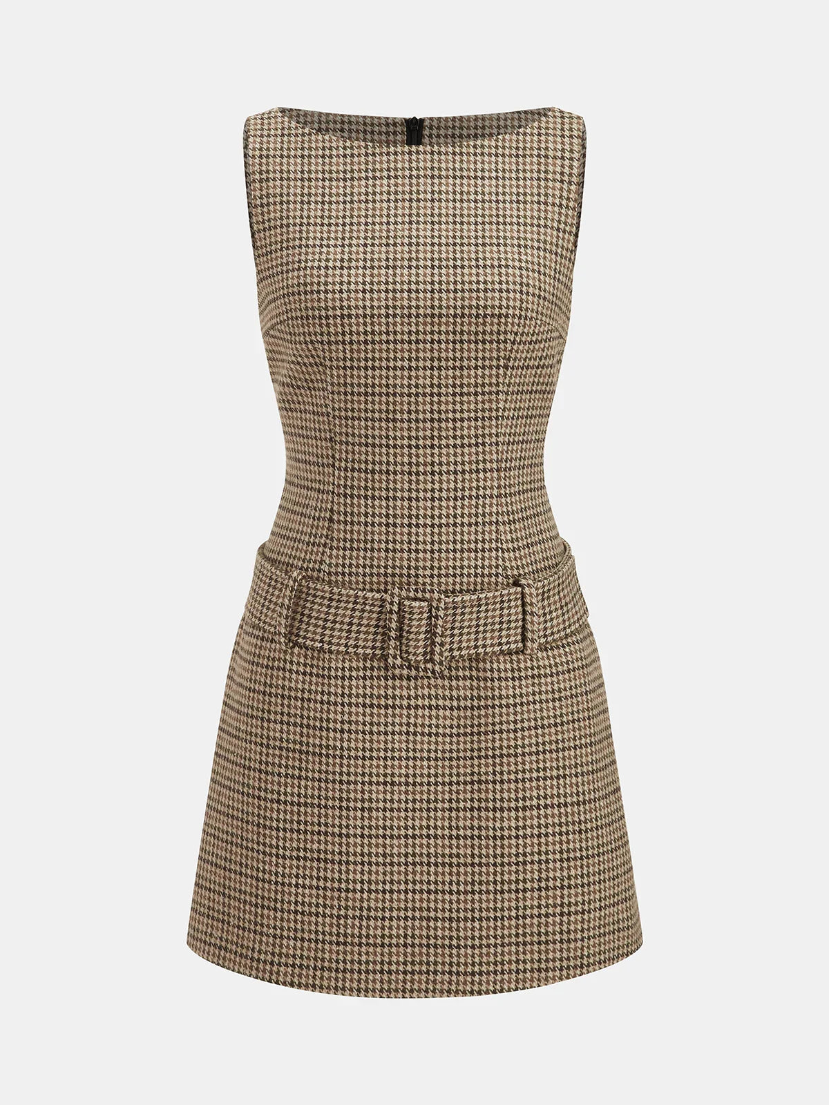 Sleeveless Belted Houndstooth Sheath Mini Dress