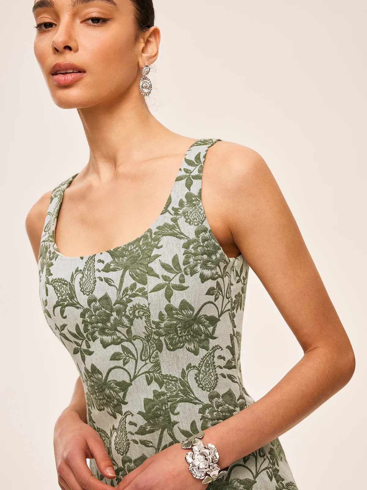 Floral Print Square Neck Dress With Side Slit
