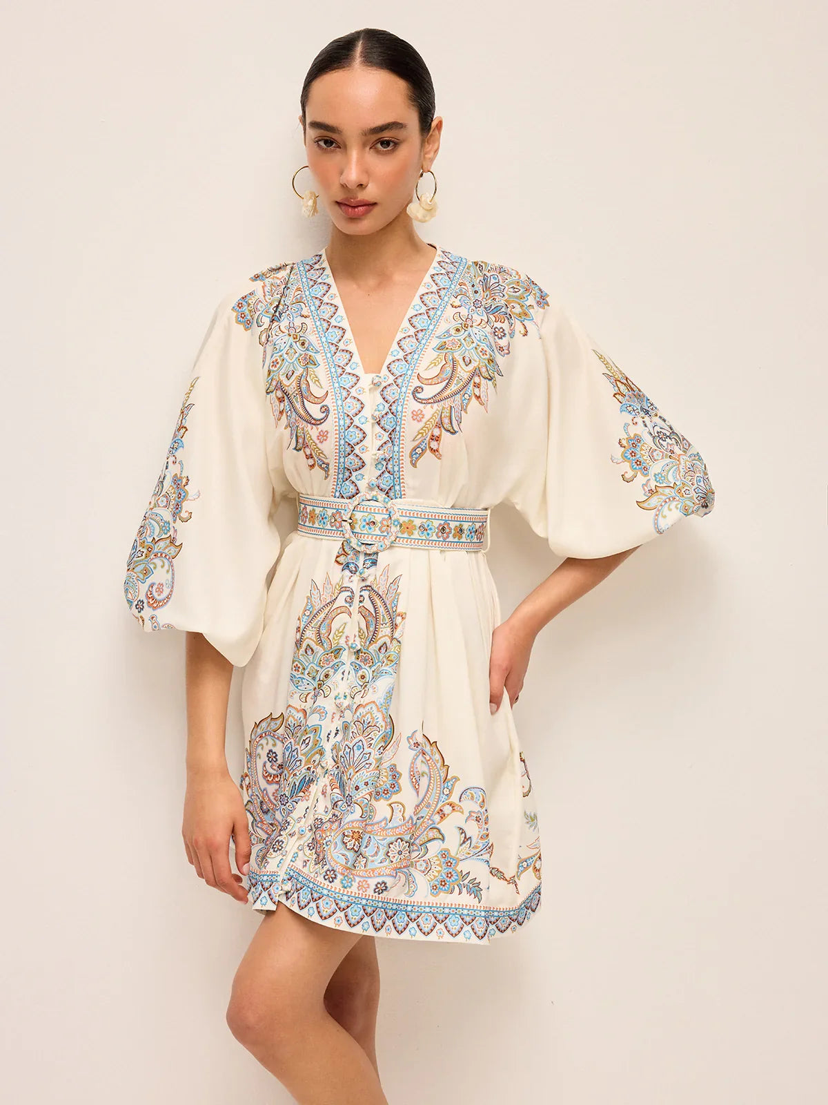 Boho Belted V-Neck Dress With Balloon Sleeves